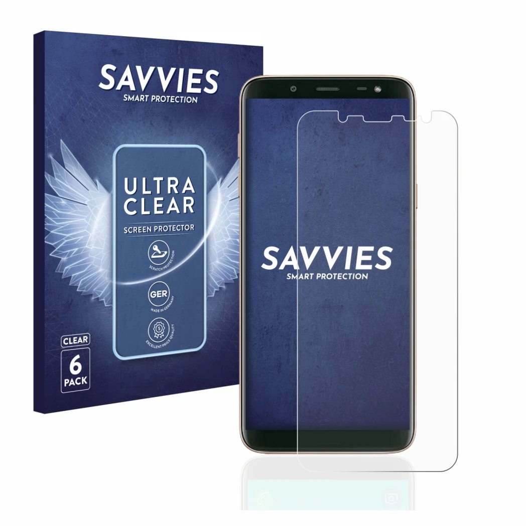 Parte frontal de un envase de producto con el logotipo de la marca Savvies. Al lado se muestra el dispositivo Samsung Galaxy J