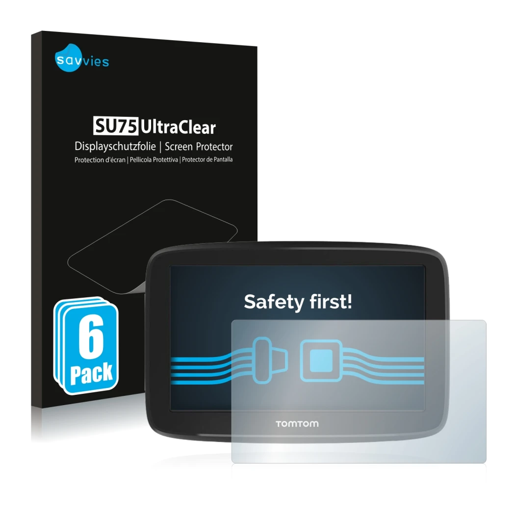 Parte frontal de un envase de producto con el logotipo de la marca Savvies. Al lado se muestra el dispositivo TomTom GO Basic 