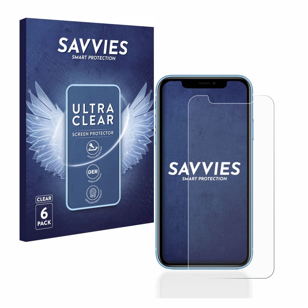 Parte frontal de un envase de producto con el logotipo de la marca Savvies. Al lado se muestra el dispositivo Apple iPhone XR 