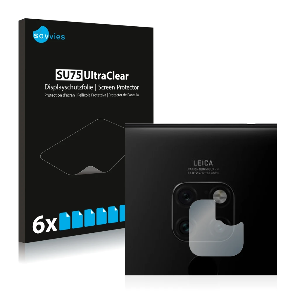 Parte frontal de un envase de producto con el logotipo de la marca Savvies. Al lado se muestra el dispositivo Huawei Mate 20 (