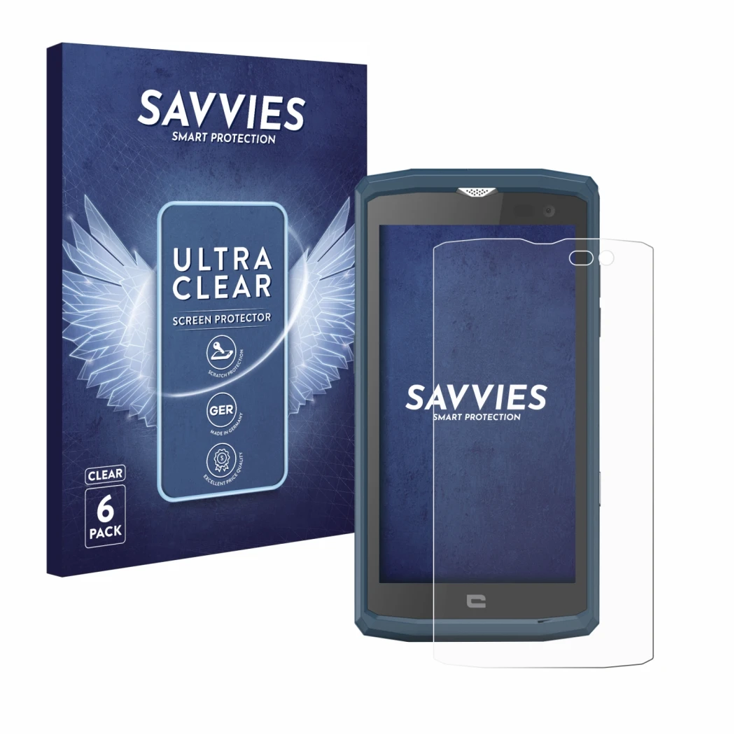 Parte frontal de un envase de producto con el logotipo de la marca Savvies. Al lado se muestra el dispositivo Crosscall Core X