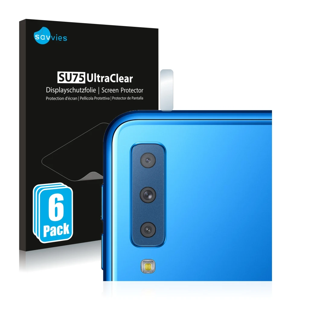 Parte frontal de un envase de producto con el logotipo de la marca Savvies. Al lado se muestra el dispositivo Samsung Galaxy A