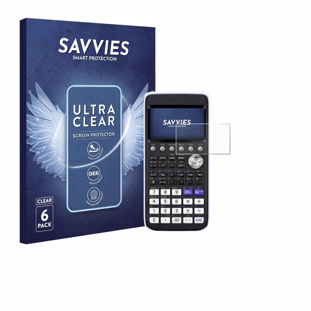 Parte frontal de un envase de producto con el logotipo de la marca Savvies. Al lado se muestra el dispositivo Casio FX-CG50 co