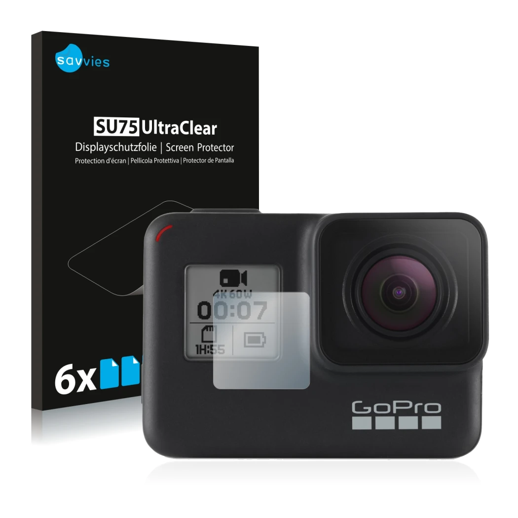 Parte frontal de un envase de producto con el logotipo de la marca Savvies. Al lado se muestra el dispositivo GoPro Hero 7 Bla