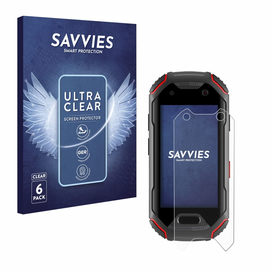 Parte frontal de un envase de producto con el logotipo de la marca Savvies. Al lado se muestra el dispositivo Unihertz Atom co