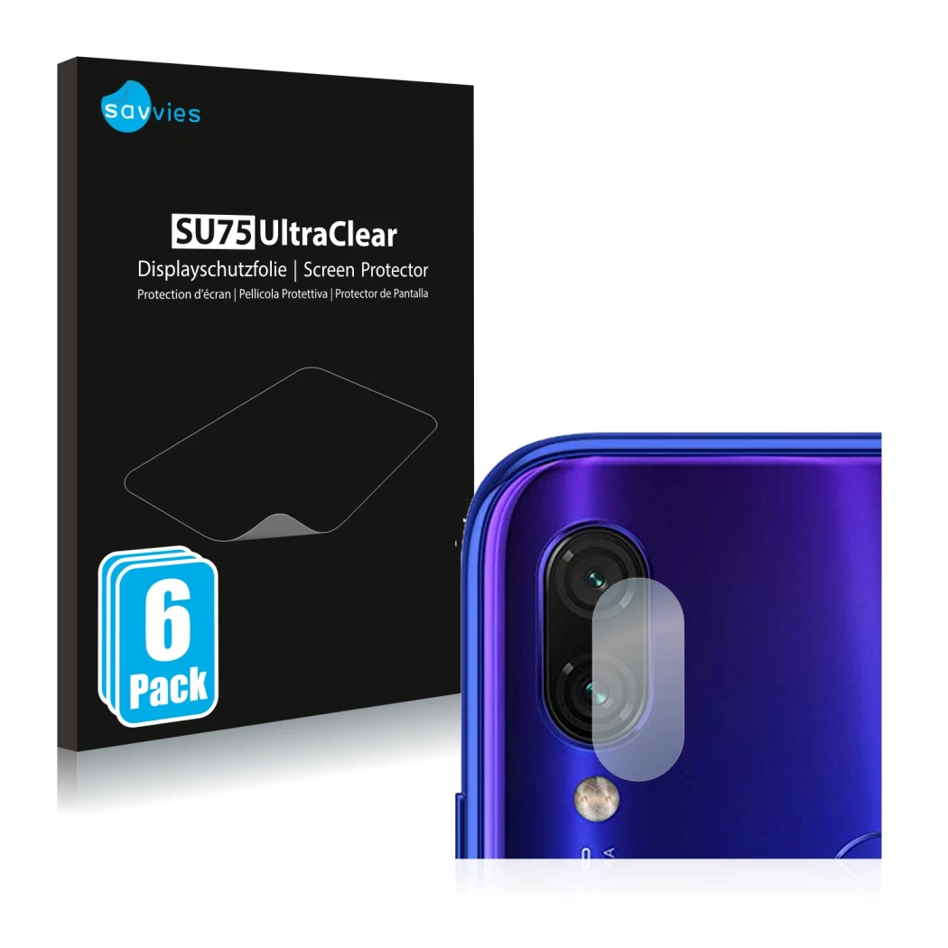 Parte frontal de un envase de producto con el logotipo de la marca Savvies. Al lado se muestra el dispositivo Xiaomi Redmi Not