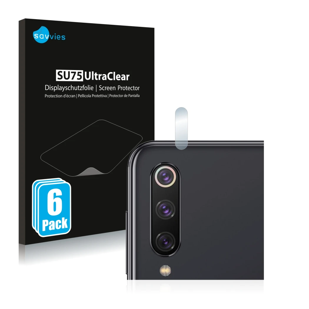 Parte frontal de un envase de producto con el logotipo de la marca Savvies. Al lado se muestra el dispositivo Xiaomi Mi 9 SE (