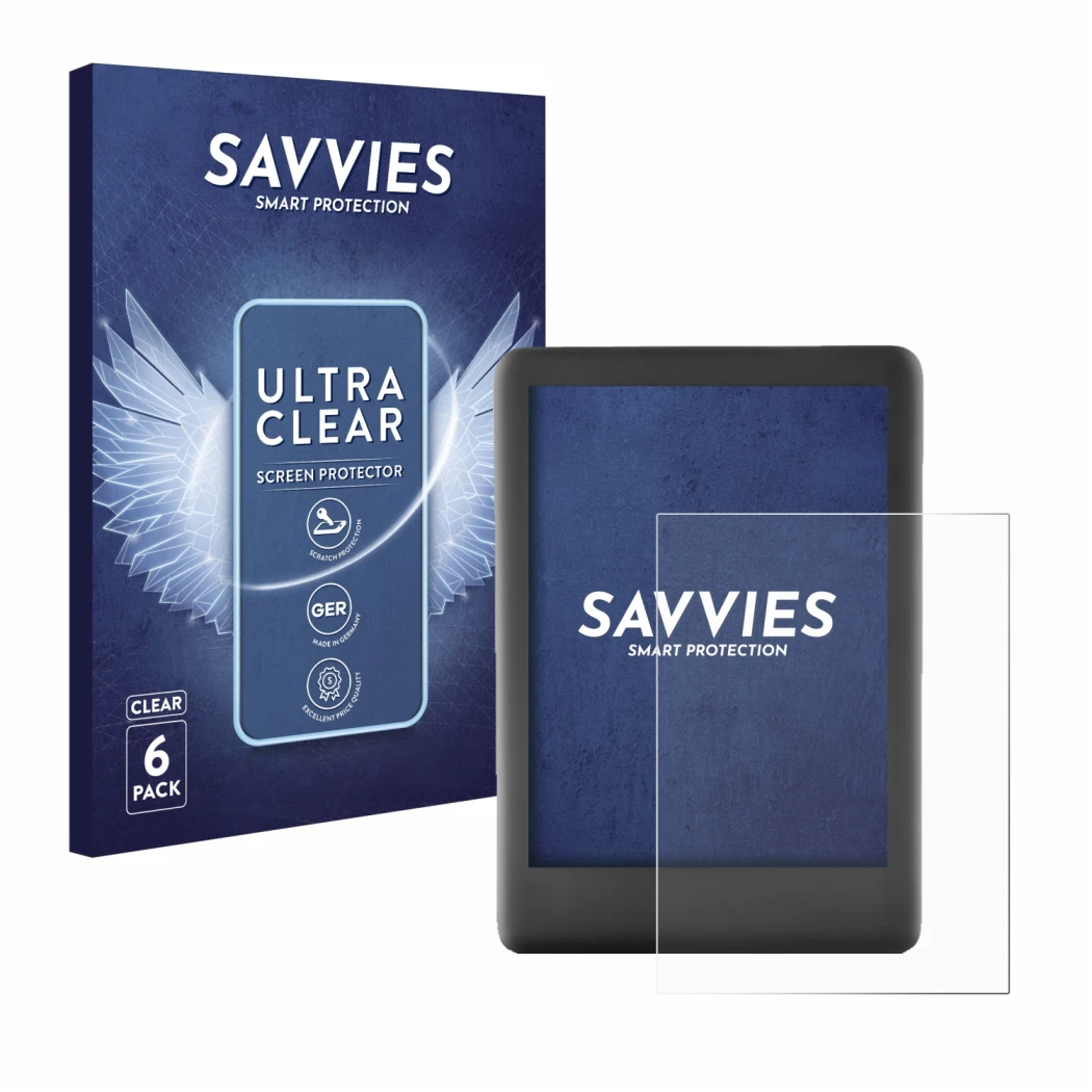 Parte frontal de un envase de producto con el logotipo de la marca Savvies. Al lado se muestra el dispositivo Amazon Kindle 20