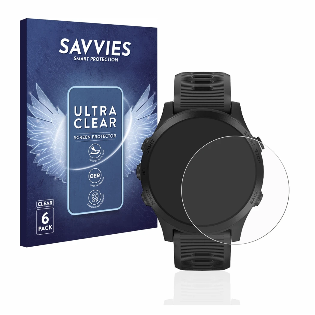 Parte frontal de un envase de producto con el logotipo de la marca Savvies. Al lado se muestra el dispositivo Garmin Forerunne