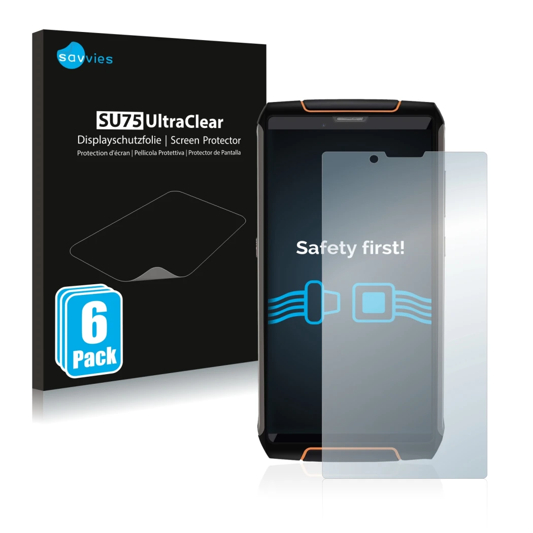 Parte frontal de un envase de producto con el logotipo de la marca Savvies. Al lado se muestra el dispositivo Cubot King Kong 