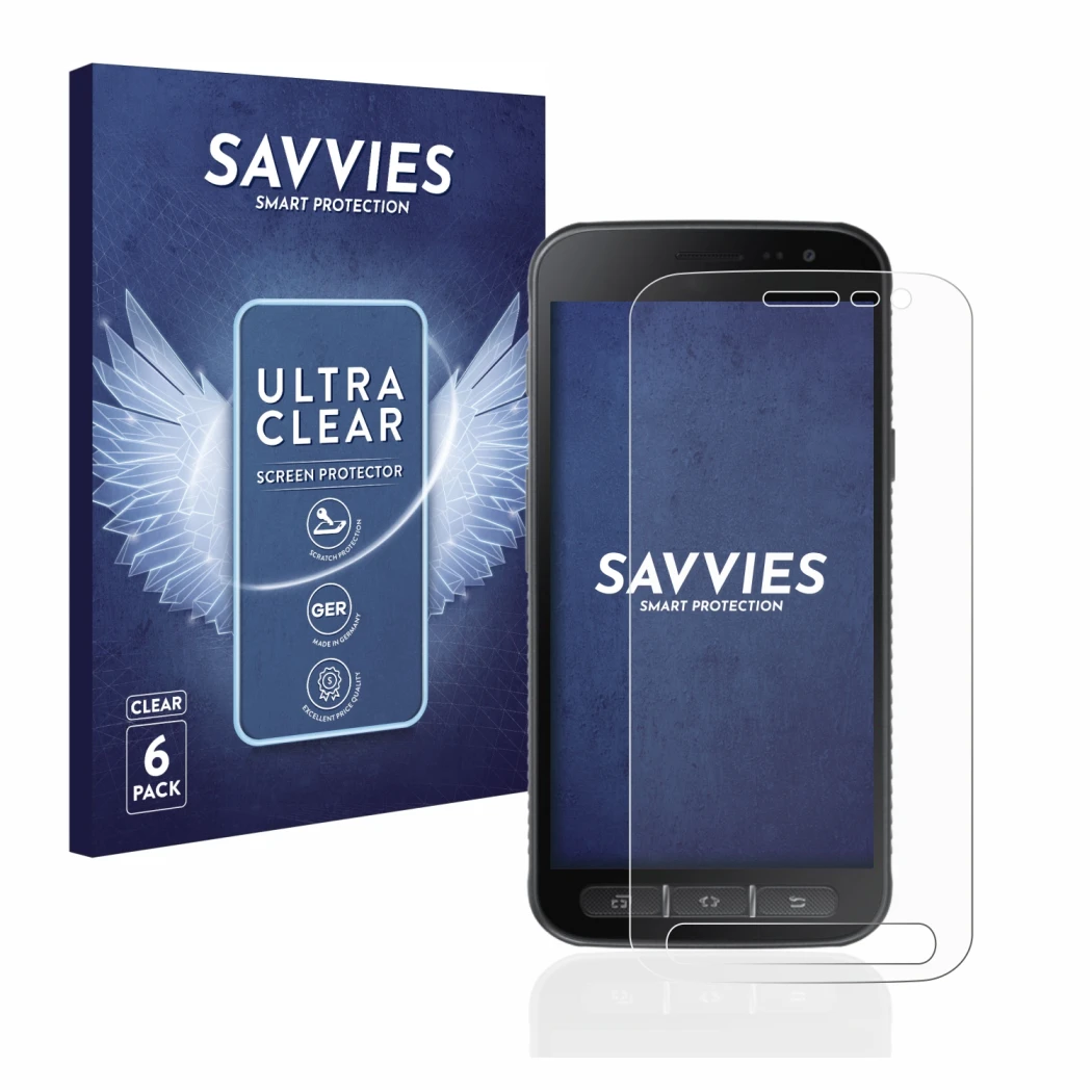 Parte frontal de un envase de producto con el logotipo de la marca Savvies. Al lado se muestra el dispositivo Samsung Galaxy X