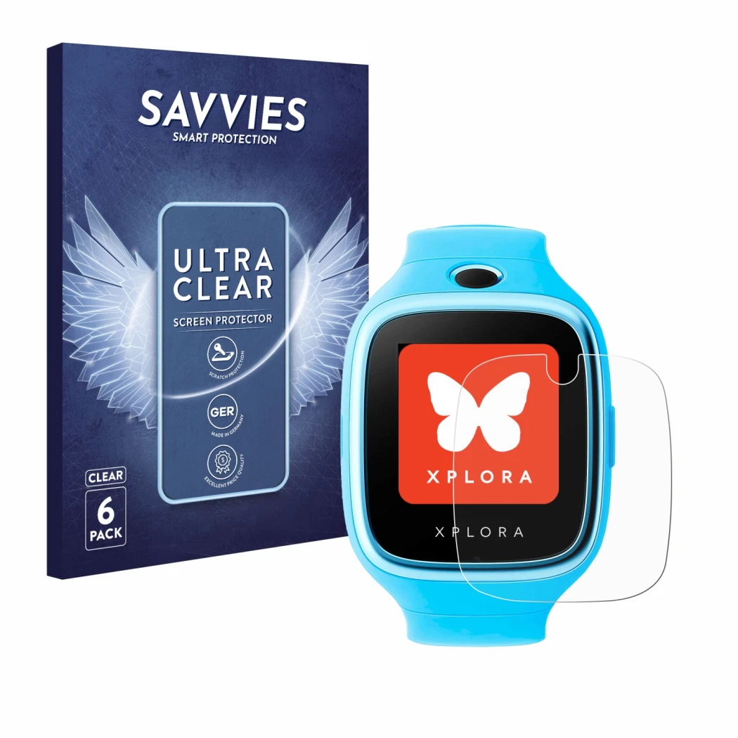 Parte frontal de un envase de producto con el logotipo de la marca Savvies. Al lado se muestra el dispositivo Xplora Go con su