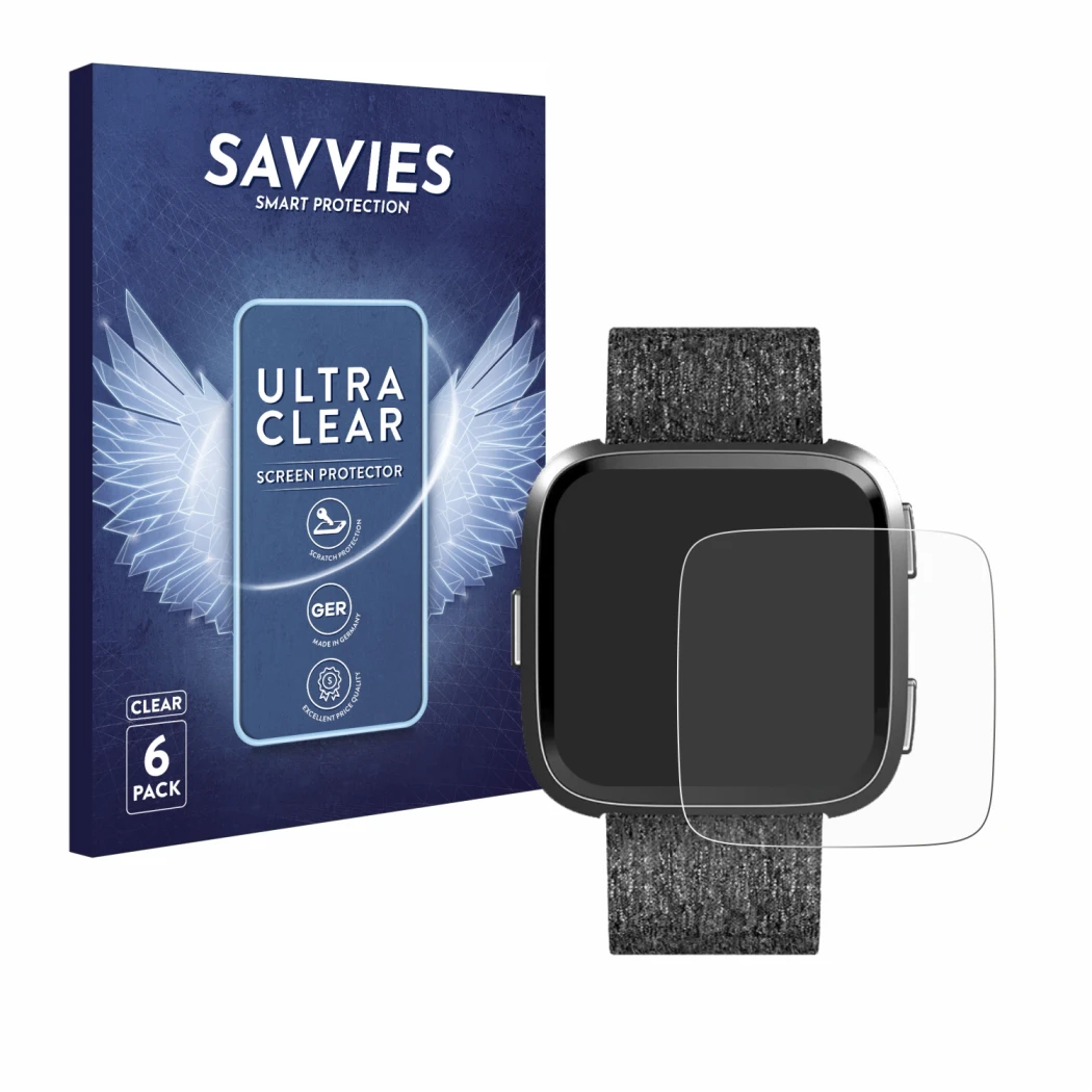 Parte frontal de un envase de producto con el logotipo de la marca Savvies. Al lado se muestra el dispositivo Fitbit Versa Spe
