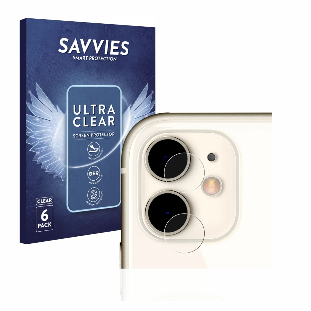 Parte frontal de un envase de producto con el logotipo de la marca Savvies. Al lado se muestra el dispositivo Apple iPhone 11 