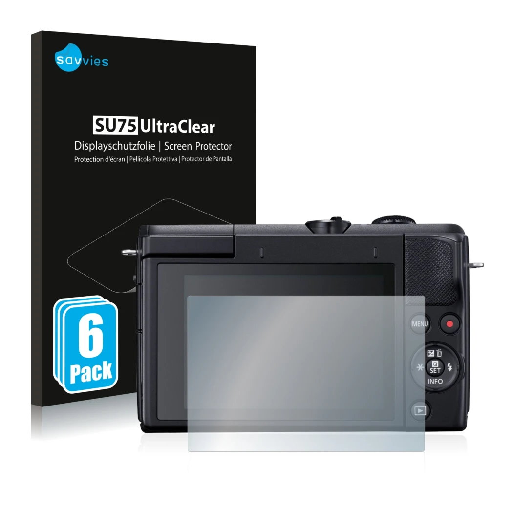 Parte frontal de un envase de producto con el logotipo de la marca Savvies. Al lado se muestra el dispositivo Canon EOS M200 c