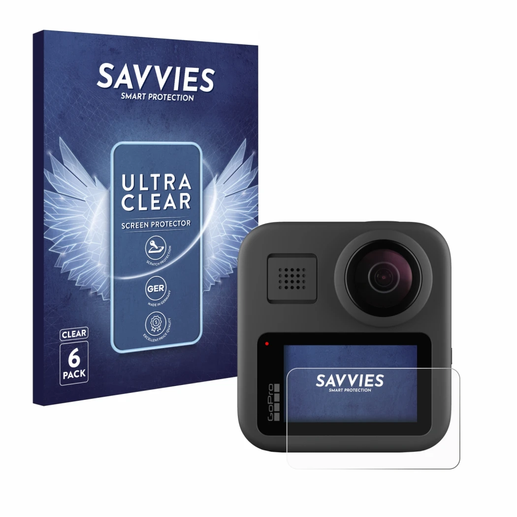 Parte frontal de un envase de producto con el logotipo de la marca Savvies. Al lado se muestra el dispositivo GoPro Max con su