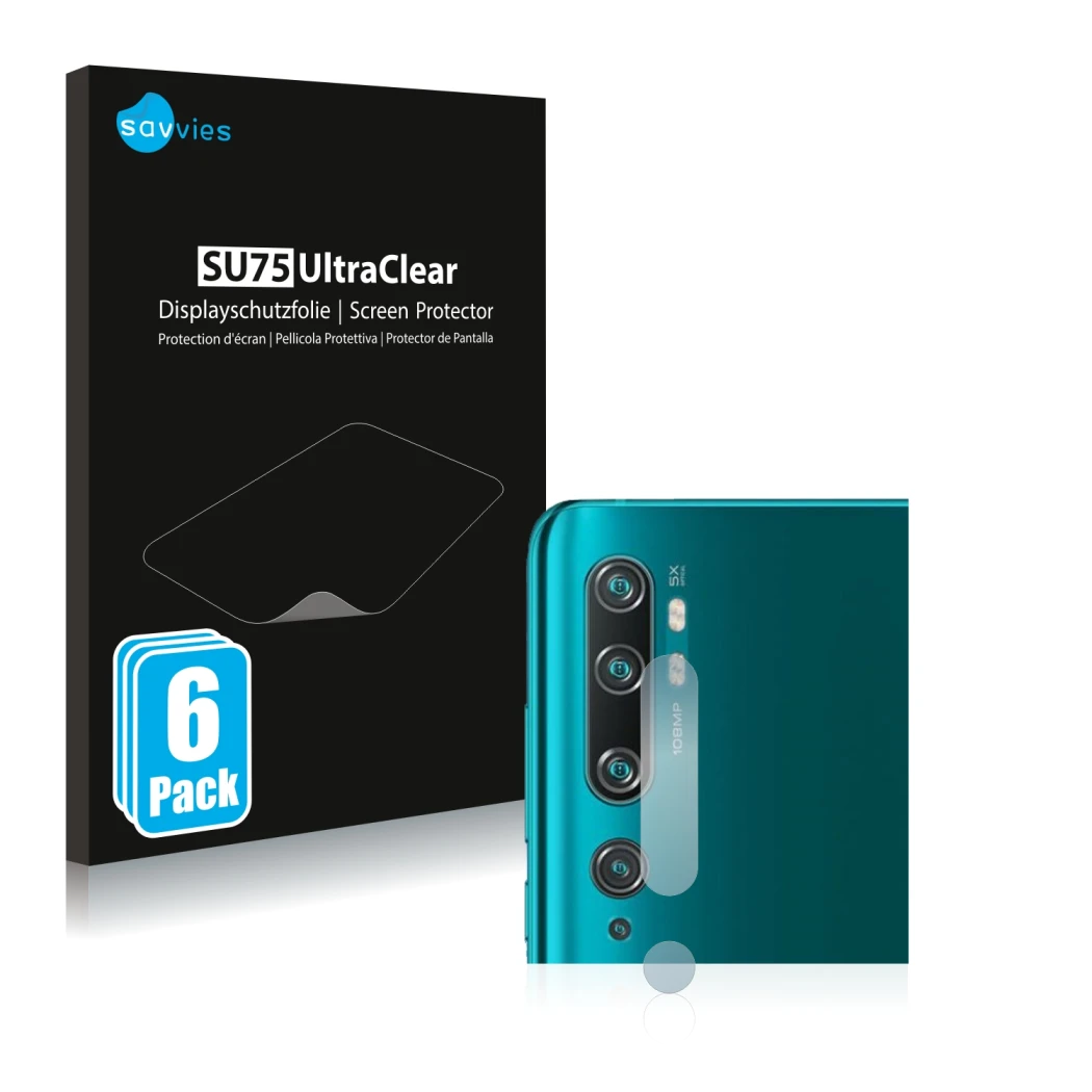 Parte frontal de un envase de producto con el logotipo de la marca Savvies. Al lado se muestra el dispositivo Xiaomi Mi Note 1