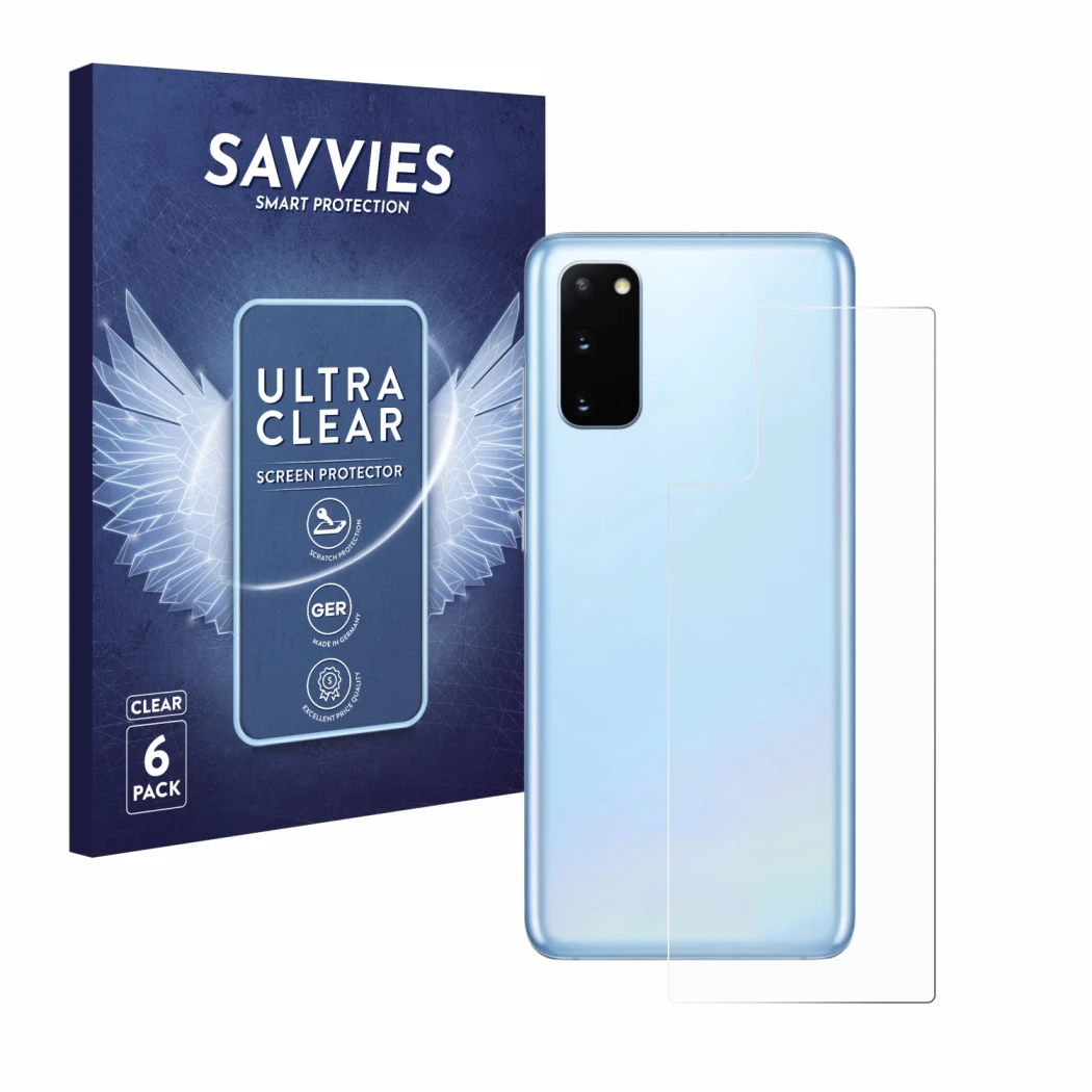Parte frontal de un envase de producto con el logotipo de la marca Savvies. Al lado se muestra el dispositivo Samsung Galaxy S