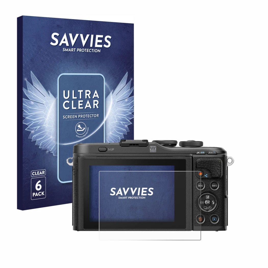 Parte frontal de un envase de producto con el logotipo de la marca Savvies. Al lado se muestra el dispositivo Olympus PEN E-PL