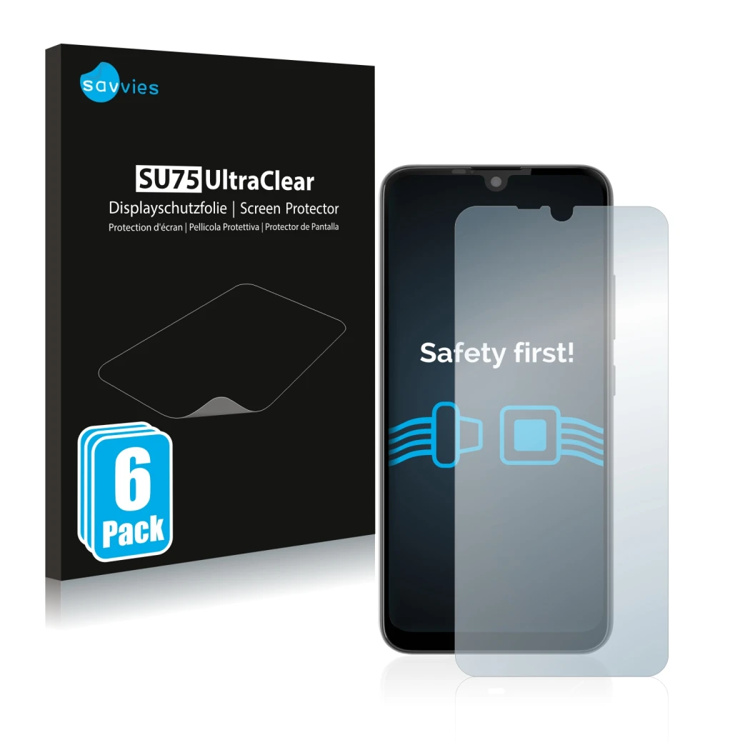 Parte frontal de un envase de producto con el logotipo de la marca Savvies. Al lado se muestra el dispositivo Gigaset GS190 co