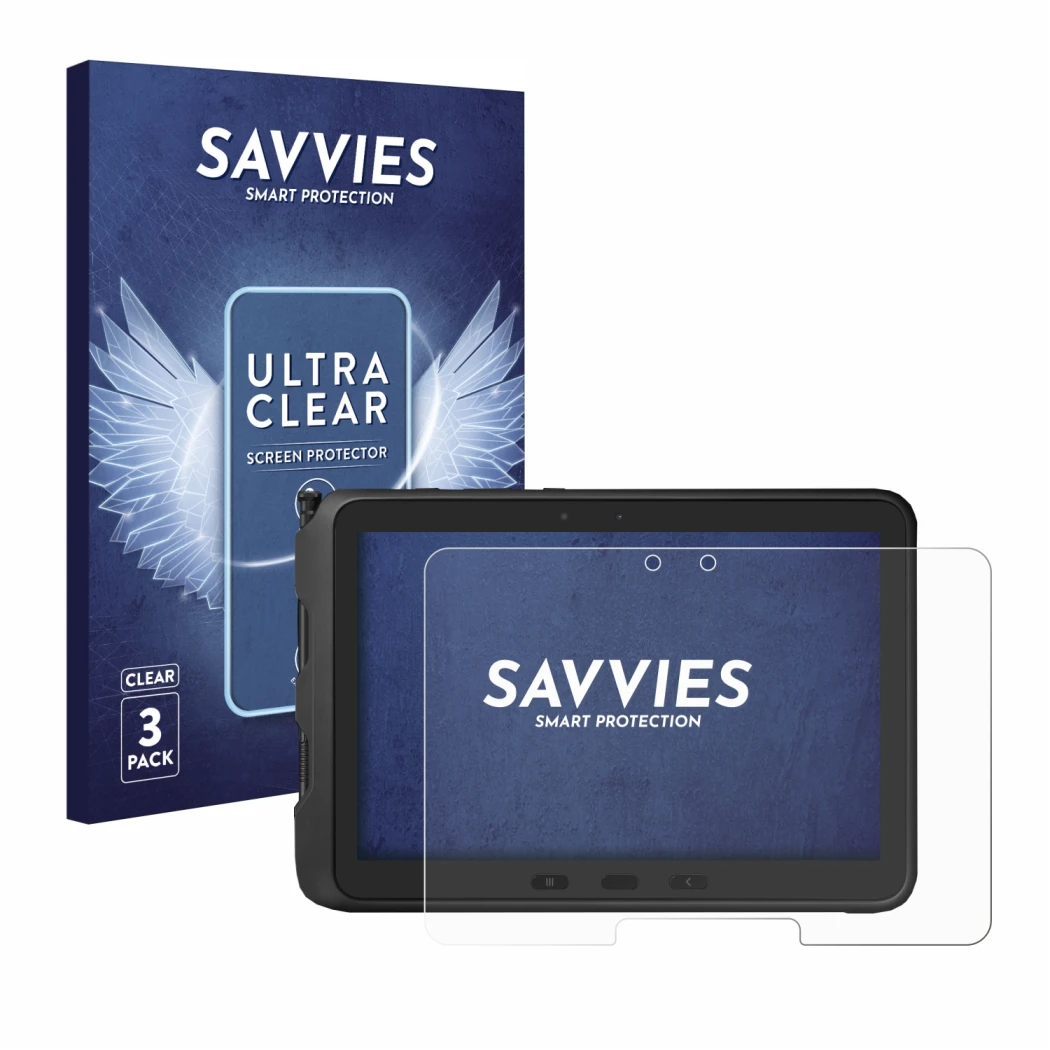 Parte frontal de un envase de producto con el logotipo de la marca Savvies. Al lado se muestra el dispositivo Samsung Galaxy T