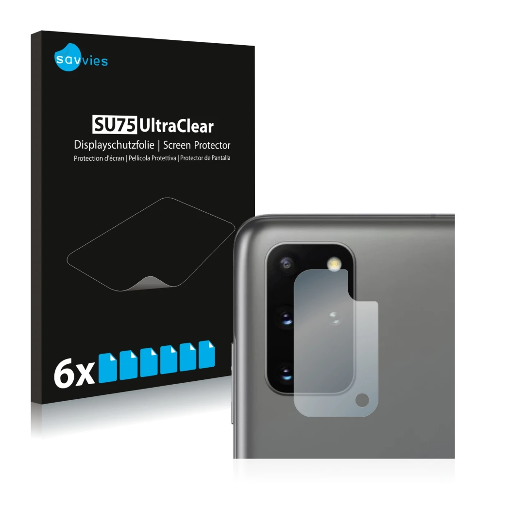 Parte frontal de un envase de producto con el logotipo de la marca Savvies. Al lado se muestra el dispositivo Samsung Galaxy S