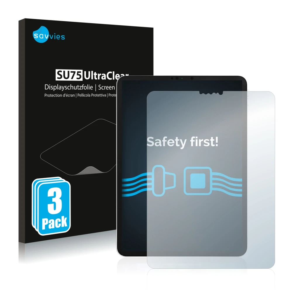 Parte frontal de un envase de producto con el logotipo de la marca Savvies. Al lado se muestra el dispositivo Apple iPad Pro 1