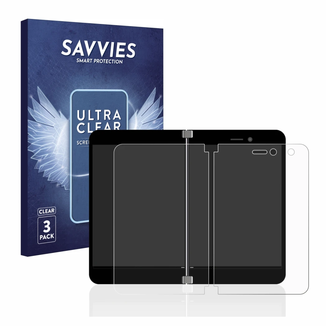 Parte frontal de un envase de producto con el logotipo de la marca Savvies. Al lado se muestra el dispositivo Microsoft Surfac