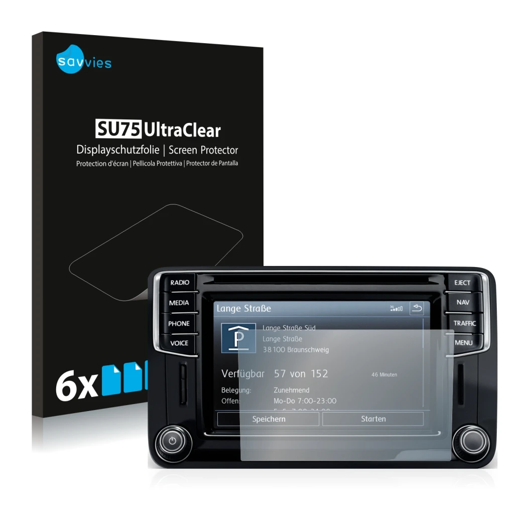 Parte frontal de un envase de producto con el logotipo de la marca Savvies. Al lado se muestra el dispositivo Volkswagen Caddy