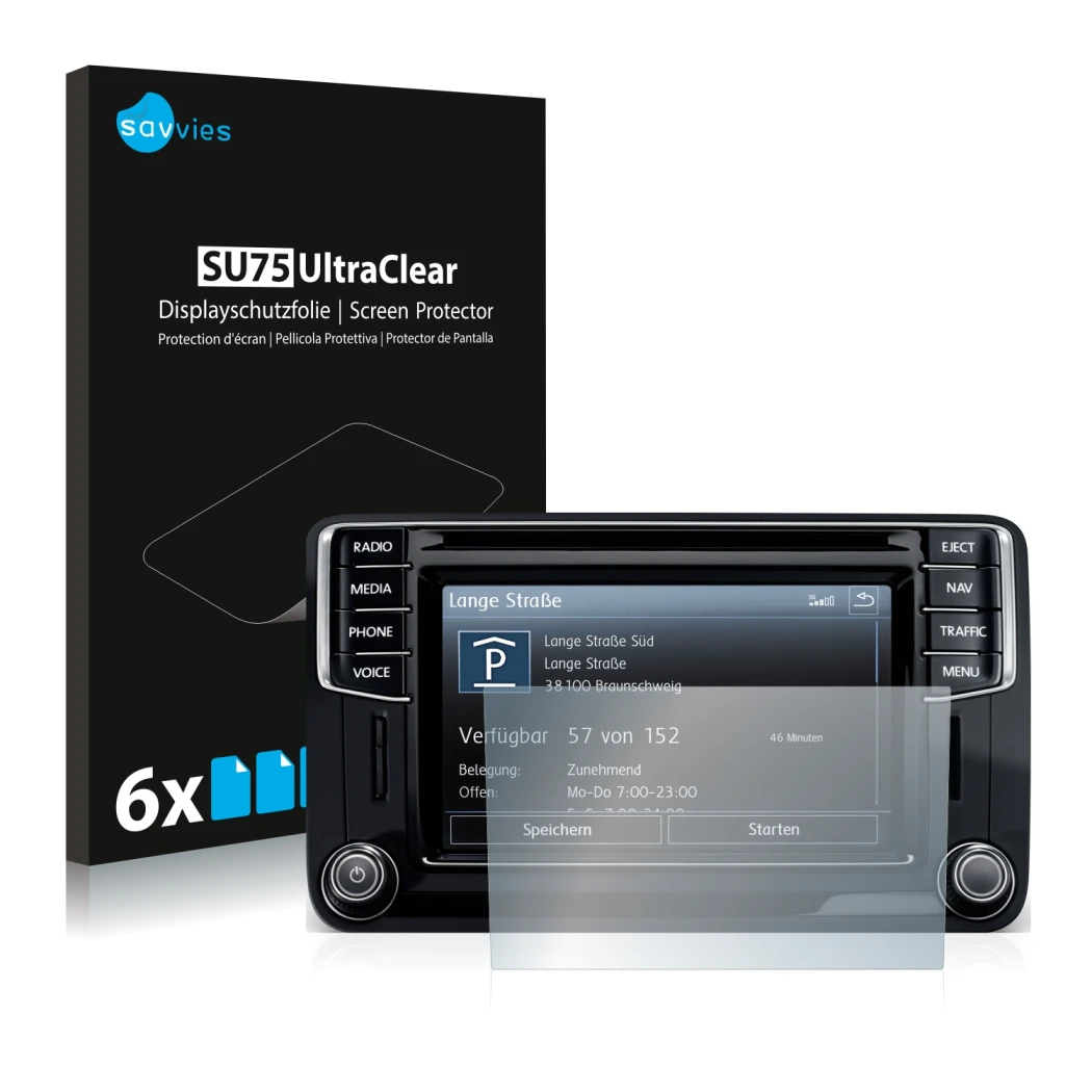 Parte frontal de un envase de producto con el logotipo de la marca Savvies. Al lado se muestra el dispositivo Volkswagen Amaro