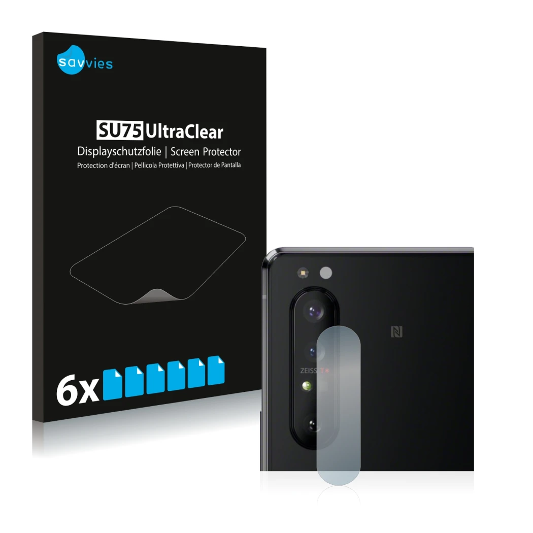 Parte frontal de un envase de producto con el logotipo de la marca Savvies. Al lado se muestra el dispositivo Sony Xperia 1 II