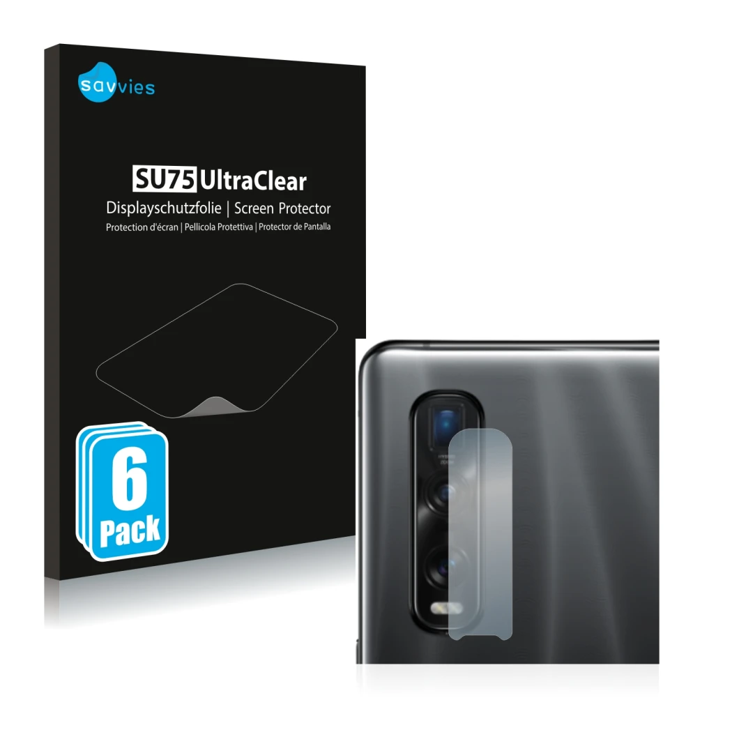 Parte frontal de un envase de producto con el logotipo de la marca Savvies. Al lado se muestra el dispositivo Oppo Find X2 Pro