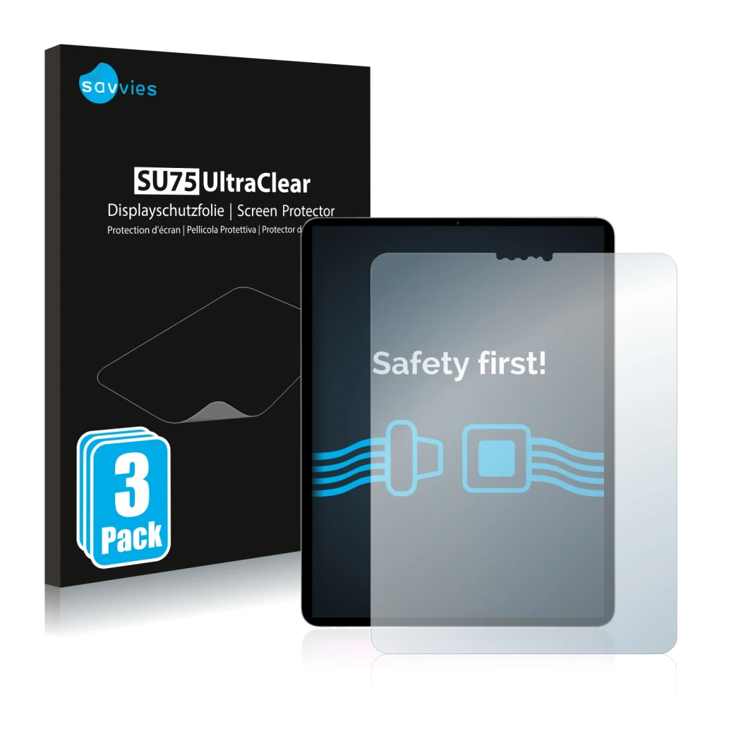 Parte frontal de un envase de producto con el logotipo de la marca Savvies. Al lado se muestra el dispositivo Apple iPad Pro 1