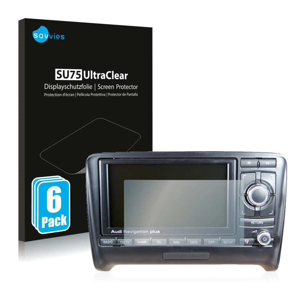 Parte frontal de un envase de producto con el logotipo de la marca Savvies. Al lado se muestra el dispositivo Audi A4 8E 2004-