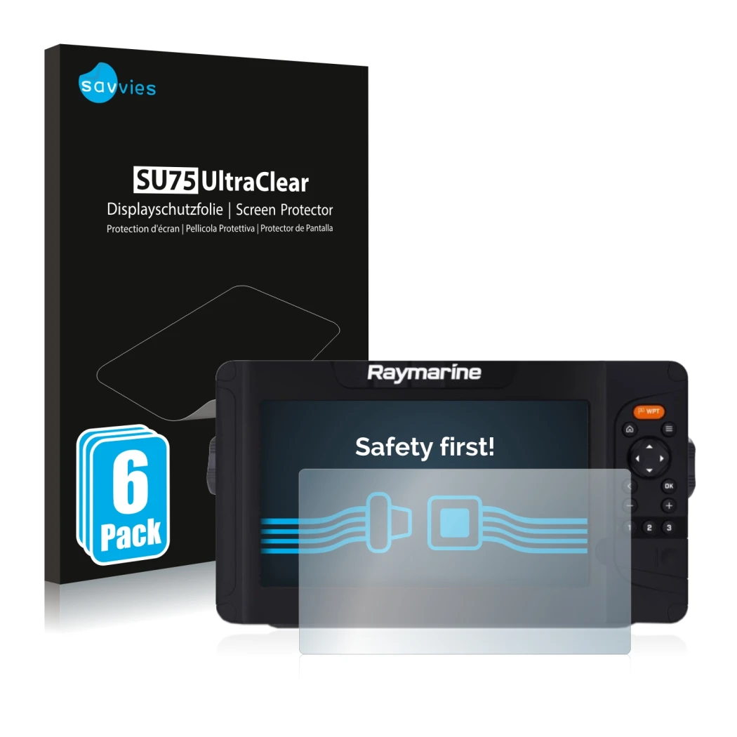 Parte frontal de un envase de producto con el logotipo de la marca Savvies. Al lado se muestra el dispositivo Raymarine Elemen