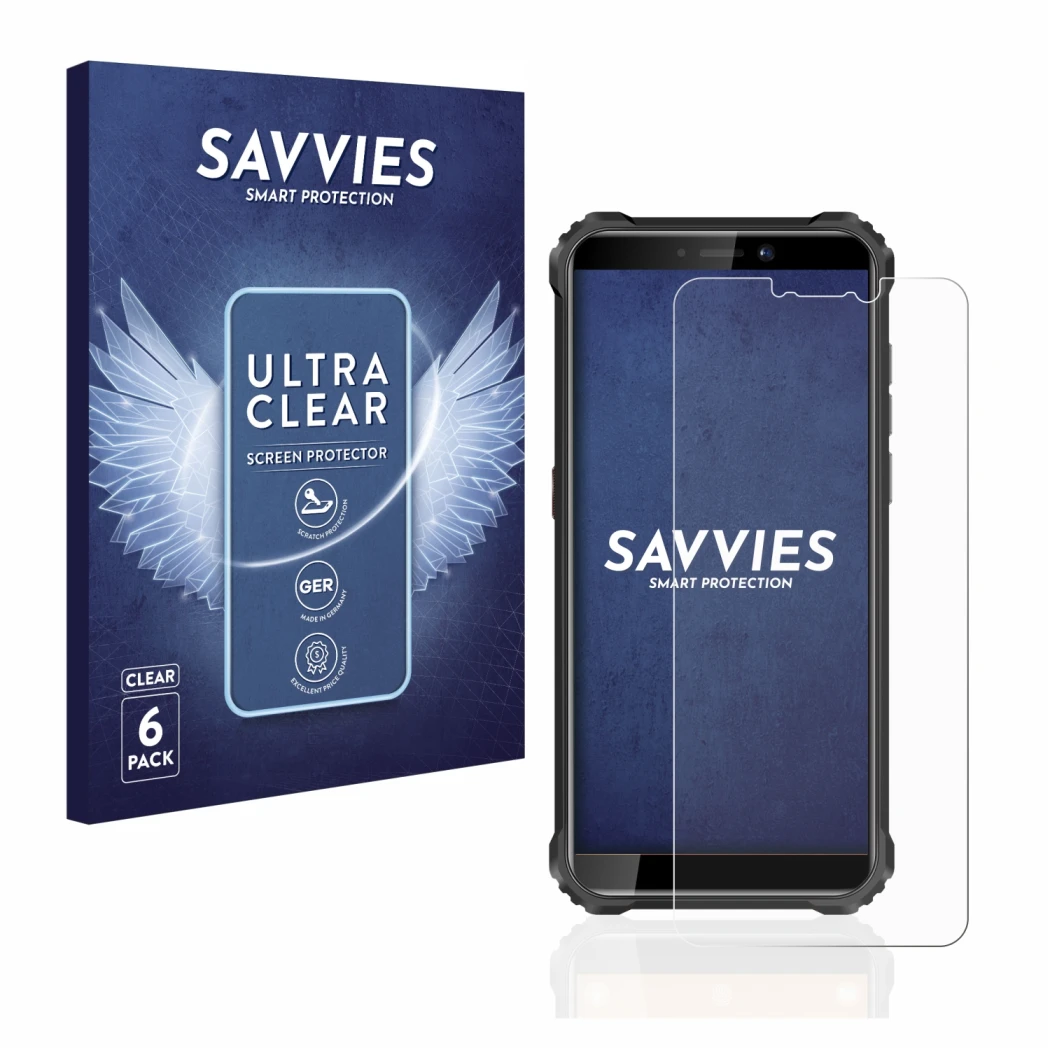 Parte frontal de un envase de producto con el logotipo de la marca Savvies. Al lado se muestra el dispositivo Oukitel WP5 con 