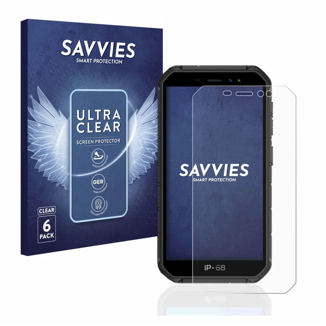 Parte frontal de un envase de producto con el logotipo de la marca Savvies. Al lado se muestra el dispositivo Ulefone Armor X7