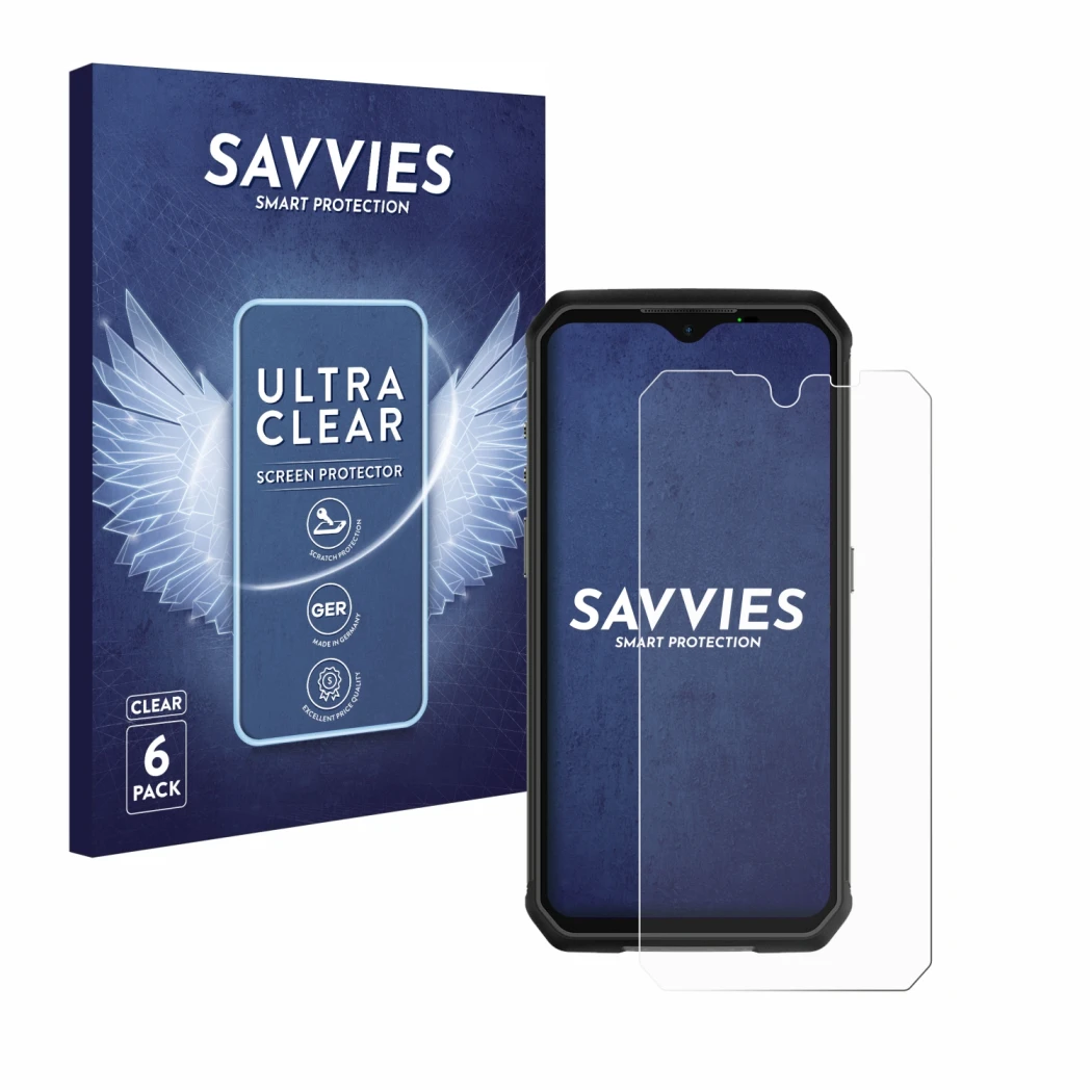 Parte frontal de un envase de producto con el logotipo de la marca Savvies. Al lado se muestra el dispositivo Ulefone Armor 9 