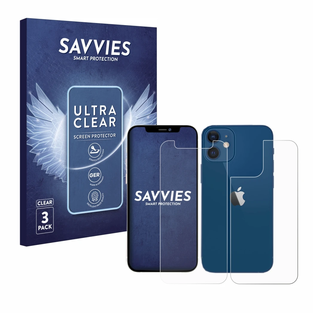 Parte frontal de un envase de producto con el logotipo de la marca Savvies. Al lado se muestra el dispositivo Apple iPhone 12 