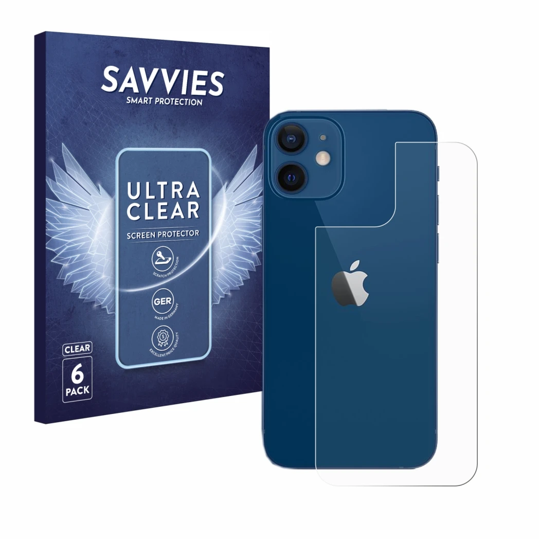 Parte frontal de un envase de producto con el logotipo de la marca Savvies. Al lado se muestra el dispositivo Apple iPhone 12 