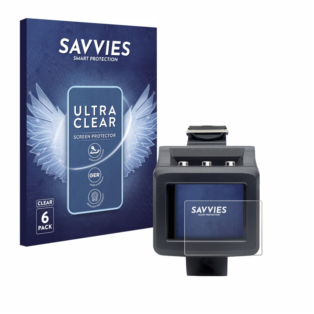 Parte frontal de un envase de producto con el logotipo de la marca Savvies. Al lado se muestra el dispositivo Uwatec Galileo G