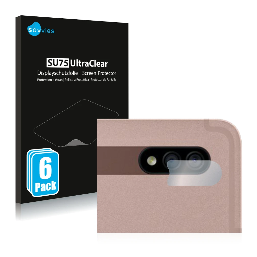 Parte frontal de un envase de producto con el logotipo de la marca Savvies. Al lado se muestra el dispositivo Samsung Galaxy T