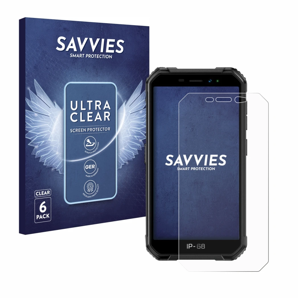 Parte frontal de un envase de producto con el logotipo de la marca Savvies. Al lado se muestra el dispositivo Ulefone Armor X6
