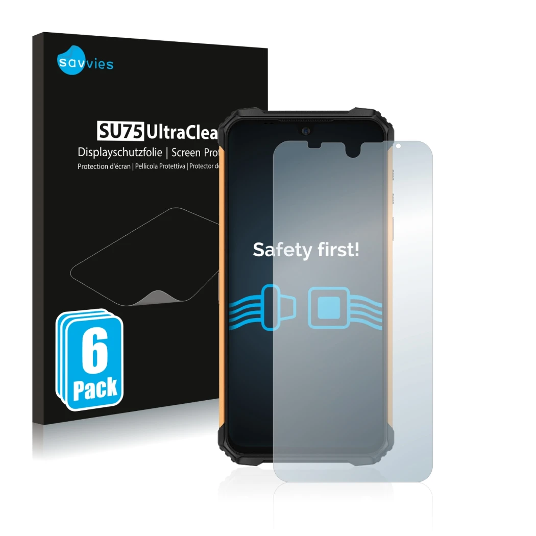 Parte frontal de un envase de producto con el logotipo de la marca Savvies. Al lado se muestra el dispositivo Ulefone Armor 8 