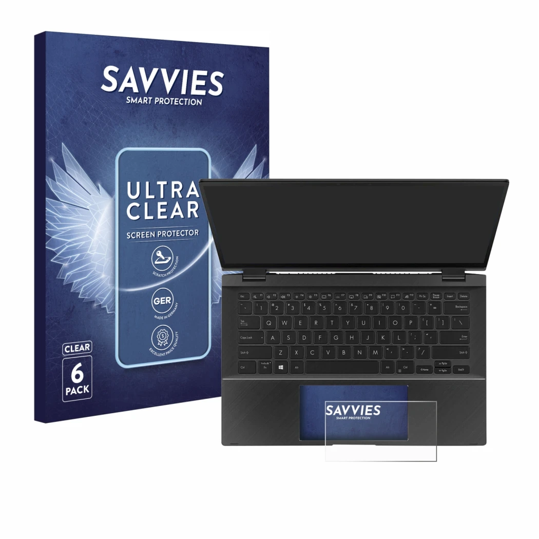 Parte frontal de un envase de producto con el logotipo de la marca Savvies. Al lado se muestra el dispositivo ASUS ZenBook Fli