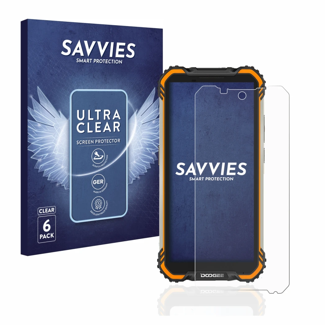 Parte frontal de un envase de producto con el logotipo de la marca Savvies. Al lado se muestra el dispositivo Doogee S58 Pro c