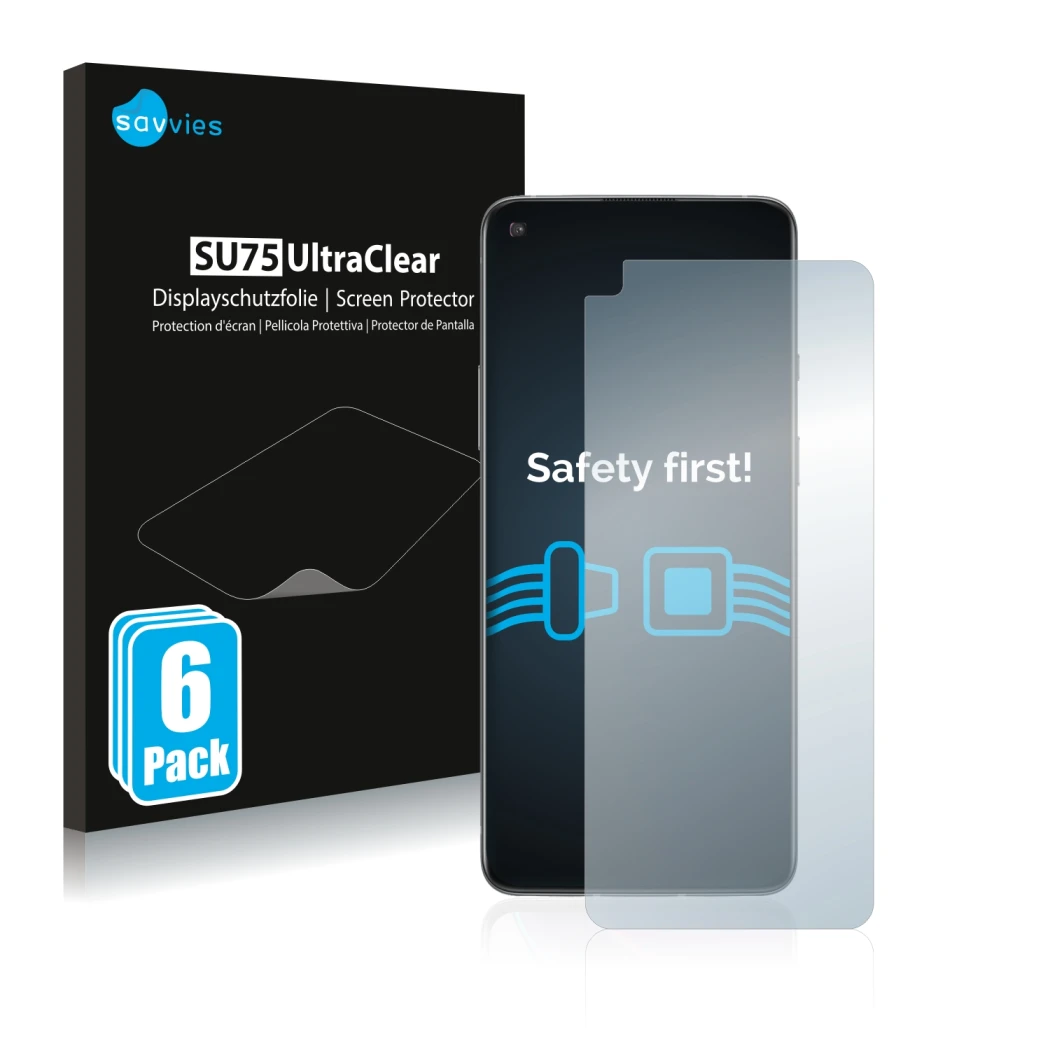 Parte frontal de un envase de producto con el logotipo de la marca Savvies. Al lado se muestra el dispositivo OnePlus 8T con s