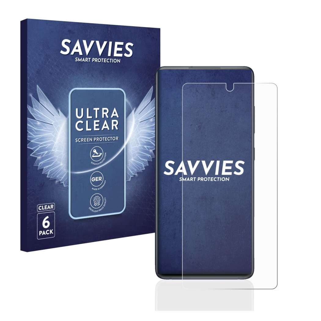 Parte frontal de un envase de producto con el logotipo de la marca Savvies. Al lado se muestra el dispositivo Samsung Galaxy S