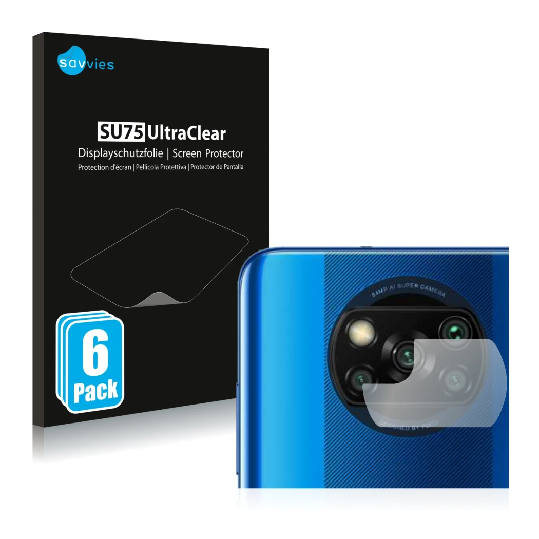 Parte frontal de un envase de producto con el logotipo de la marca Savvies. Al lado se muestra el dispositivo Xiaomi Poco X3 N