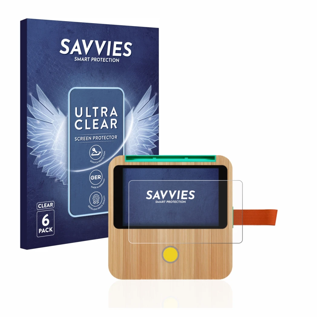 Parte frontal de un envase de producto con el logotipo de la marca Savvies. Al lado se muestra el dispositivo tigerbox Touch c
